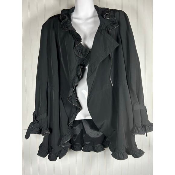 ETCETERA Ruffled Zipper  Tunic Black Raincoat Full Zip Belted 10 fall spring - Picture 3 of 13